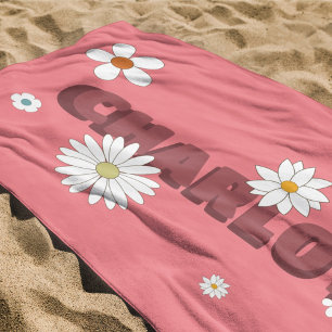 Personalised Name Pink Retro Style Flowers Beach Towel