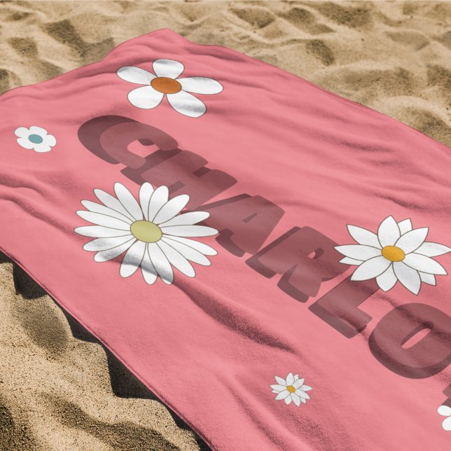 Personalised Name Pink Retro Style Flowers Beach Towel (Personalized Name Pink Retro Style Flowers Beach Towel)
