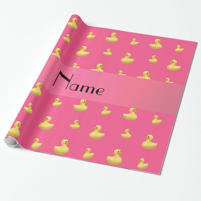 Personalised name pink rubber duck pattern wrapping paper (Unrolled)