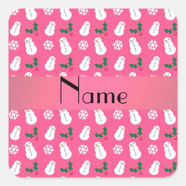 Personalised name pink snowman christmas square sticker (Front)