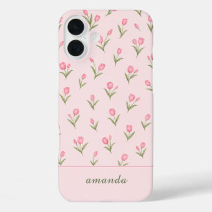 Personalised Name Pink Tulips iPhone 16 Plus Case
