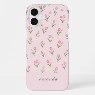 Personalised Name Pink Tulips iPhone 16 Plus Case