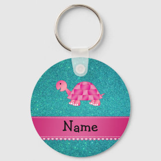 Personalised name pink turtle turquoise glitter key ring