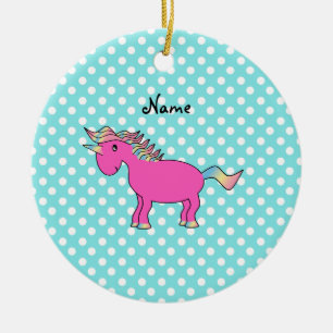 Personalised name pink unicorn blue polka dots ceramic tree decoration