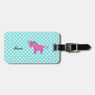 Personalised name pink unicorn blue polka dots luggage tag