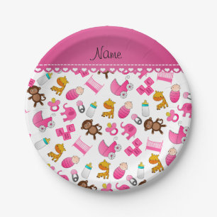 Personalised name pink white baby animals paper plate