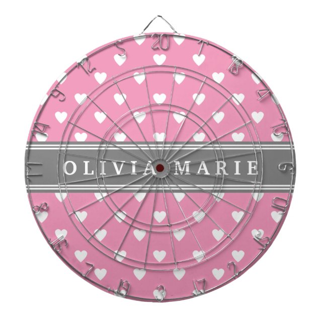 Personalised Name Pink White Heart Pattern Dartboard (Front)