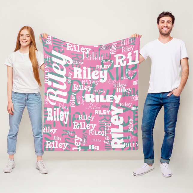 Personalised Name Pink White Repeat Typography Fleece Blanket (In Situ)