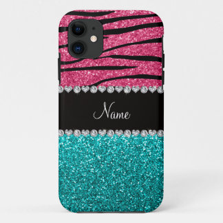Personalised name pink zebra turquoise glitter iPhone 11 case
