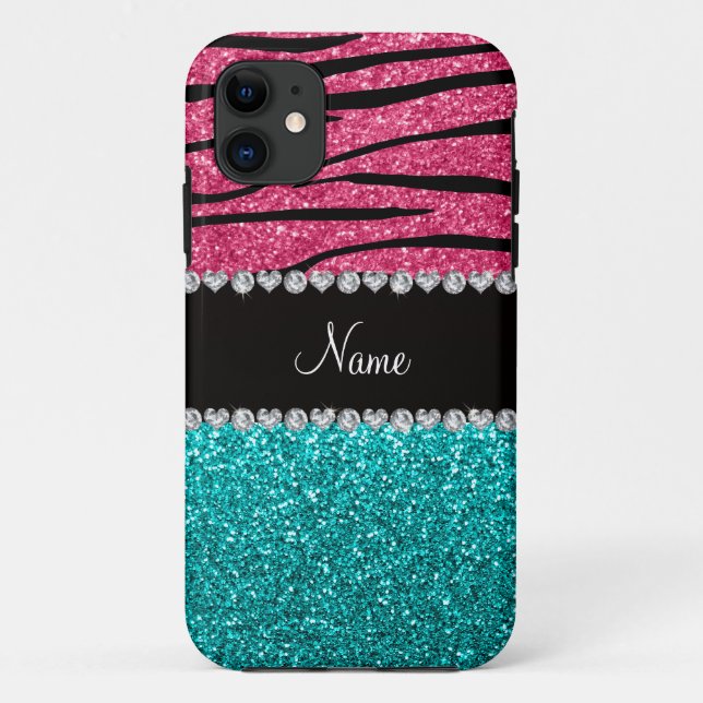 Personalised name pink zebra turquoise glitter Case-Mate iPhone case (Back)