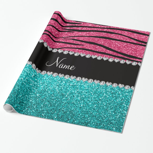 Personalised name pink zebra turquoise glitter wrapping paper (Unrolled)