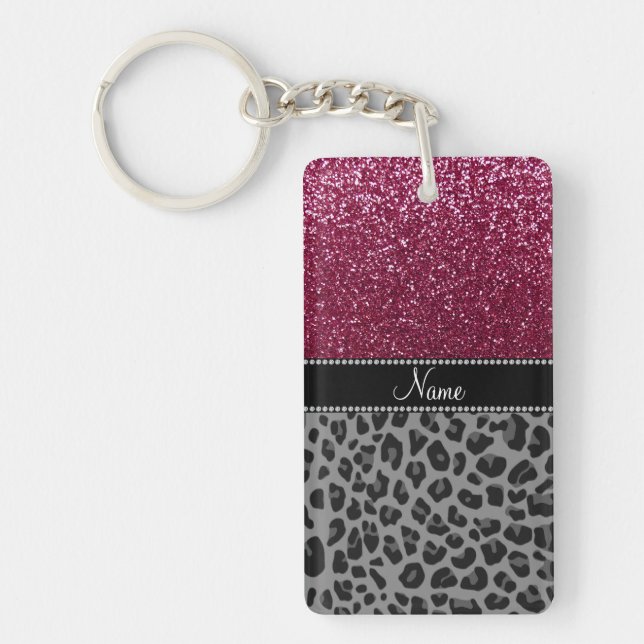 Personalised name plum glitter black leopard key ring (Front)