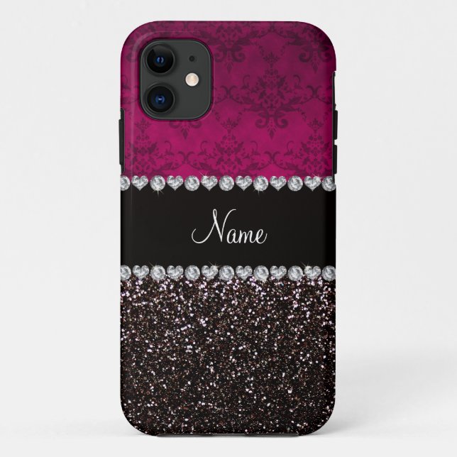Personalised name plum pink damask black glitter Case-Mate iPhone case (Back)