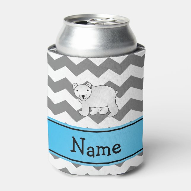 Personalised name polar bear grey white chevrons can cooler (Can Front)