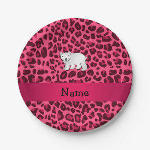 Personalised name polar bear pink leopard print paper plate