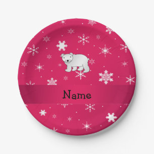 Personalised name polar bear pink snowflakes paper plate