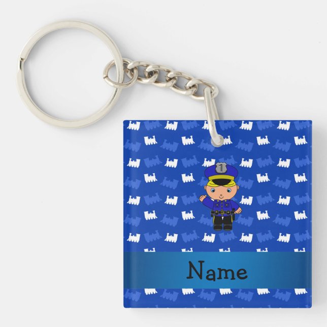 Personalised name policeman blue trains key ring (Front)