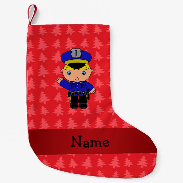 Personalised name policeman red christmas trees small christmas stocking (Front)