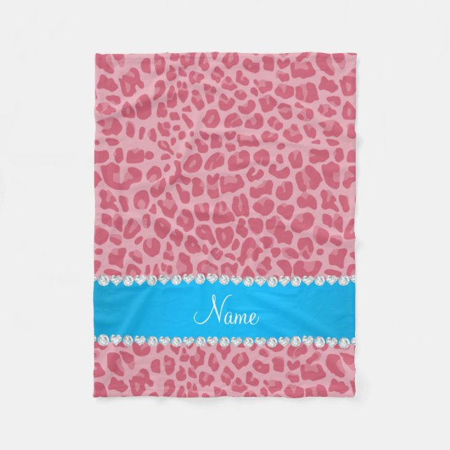 Personalised name pretty pink leopard blue stripe fleece blanket (Front)