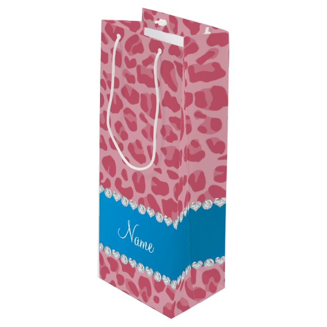Personalised name pretty pink leopard blue stripe wine gift bag (Front Angled)