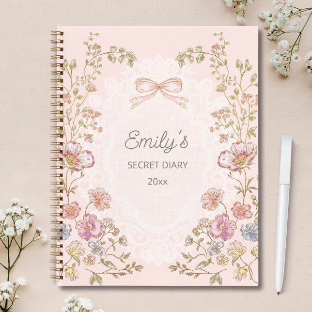 Personalised Name Pretty Vintage Floral Diary Notebook (In situ)