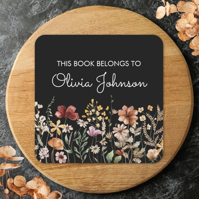 Personalised Name Pretty Wildflower Bookplate Square Sticker (In situ)