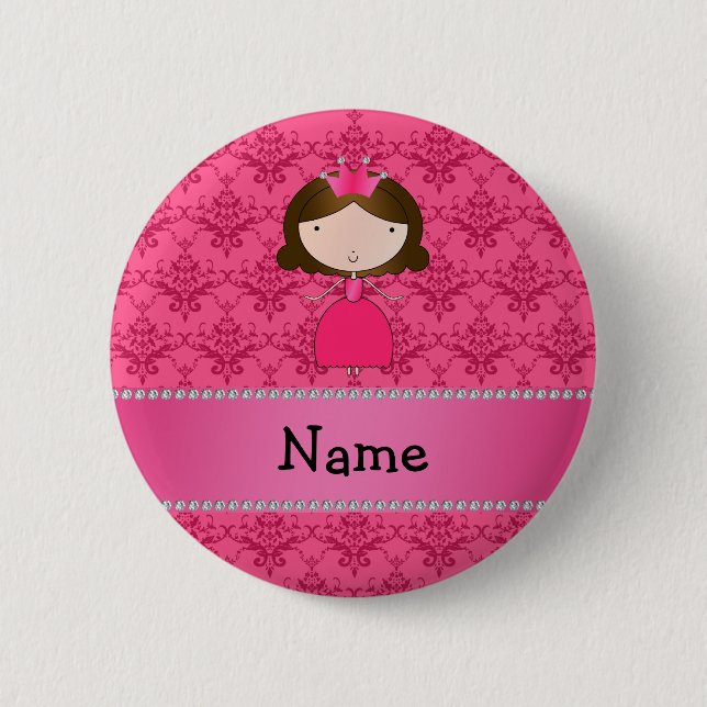 Personalised name princess pink damask 6 cm round badge (Front)