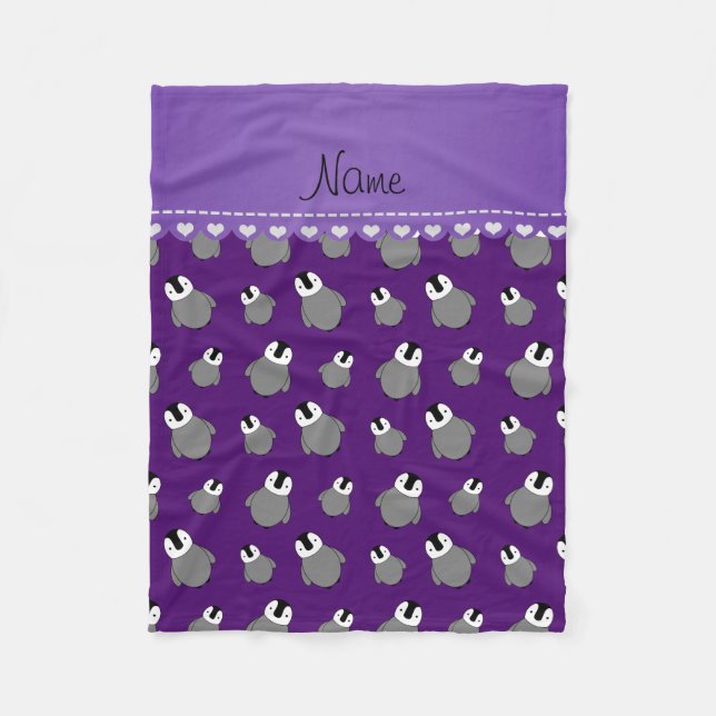 Personalised name purple baby penguins fleece blanket (Front)