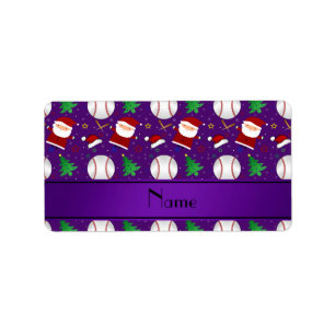 Personalised name purple baseball christmas label