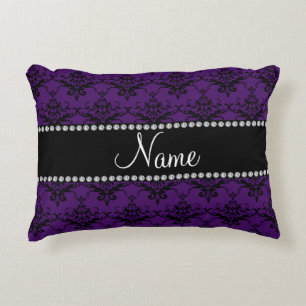 Personalised name Purple black damask Decorative Cushion
