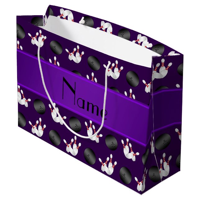 Personalised name purple bowling pattern large gift bag (Back Angled)