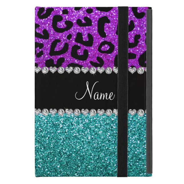 Personalised name purple cheetah turquoise glitter iPad mini cover (Front Closed)