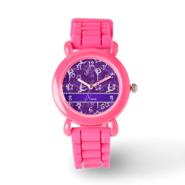 Personalised name purple damask gymnastics watch (Front)