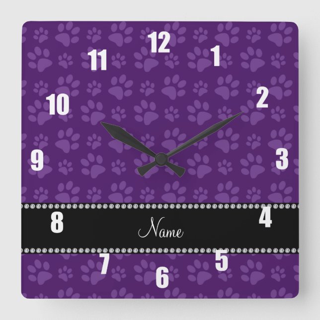 Personalised name purple dog paw prints square wall clock (Front)