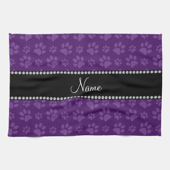 Personalised name purple dog paw prints tea towel (Horizontal)