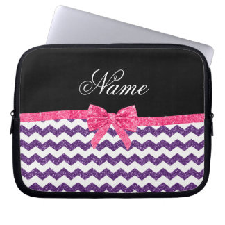 Personalised name purple glitter chevrons pink bow laptop sleeve