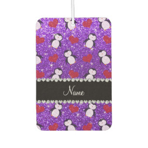 Personalised name purple glitter penguins hearts car air freshener