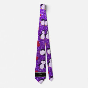 Personalised name purple glitter penguins hearts tie
