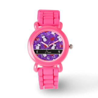 Personalised name purple glitter penguins hearts watch