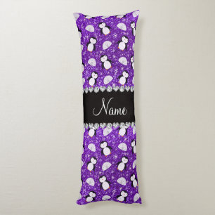Personalised name purple glitter penguins igloos body cushion
