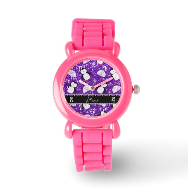 Personalised name purple glitter penguins igloos watch (Front)