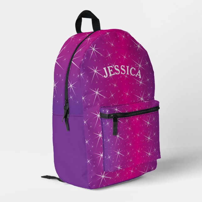 Personalised Name Purple Glitter Star Printed Backpack (Back Corner Left)