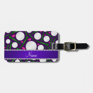 Personalised name purple golf balls tees hearts luggage tag