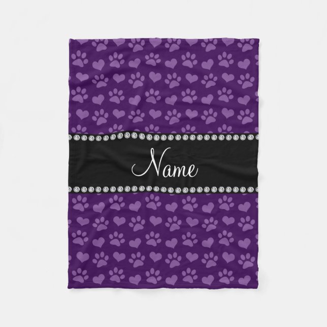 Personalised name purple hearts and paw prints fleece blanket (Front)