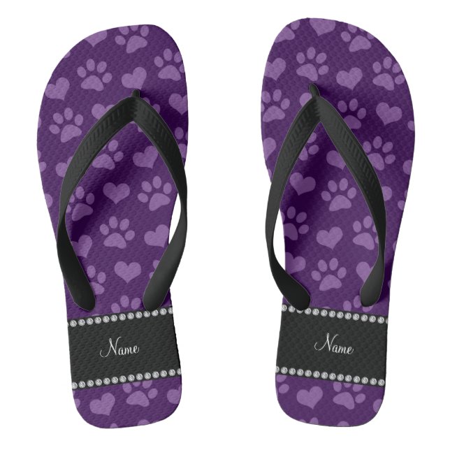 Personalised name purple hearts and paw prints jandals (Footbed)