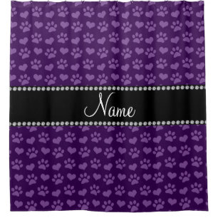 Personalised name purple hearts and paw prints shower curtain