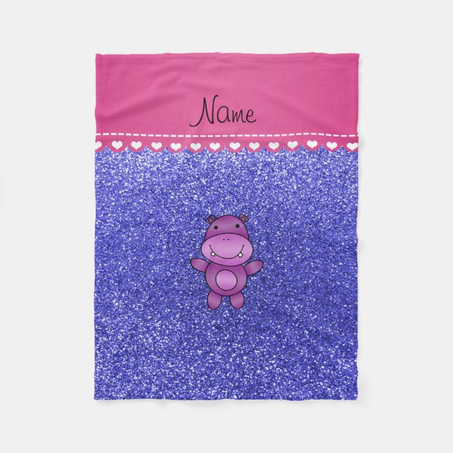 Personalised name purple hippo neon blue glitter fleece blanket (Front)