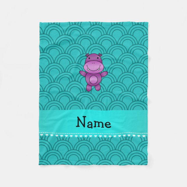 Personalised name purple hippo turquoise pattern fleece blanket (Front)