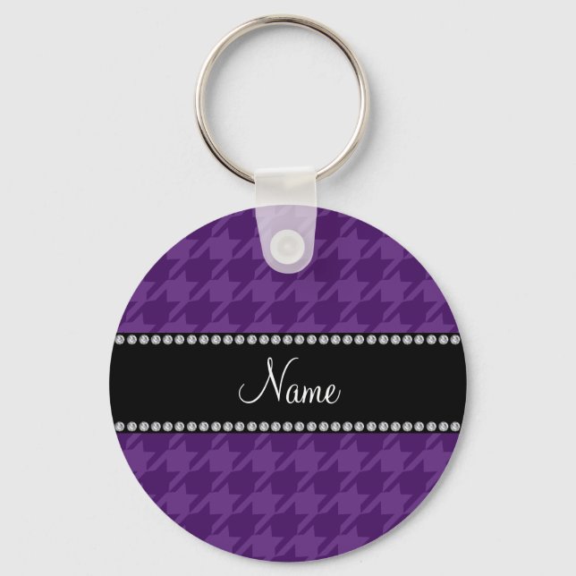 Personalised name purple houndstooth pattern key ring (Front)