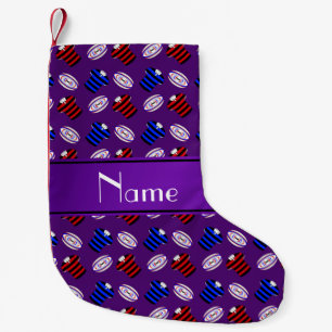 Personalised name purple jerseys rugby balls small christmas stocking